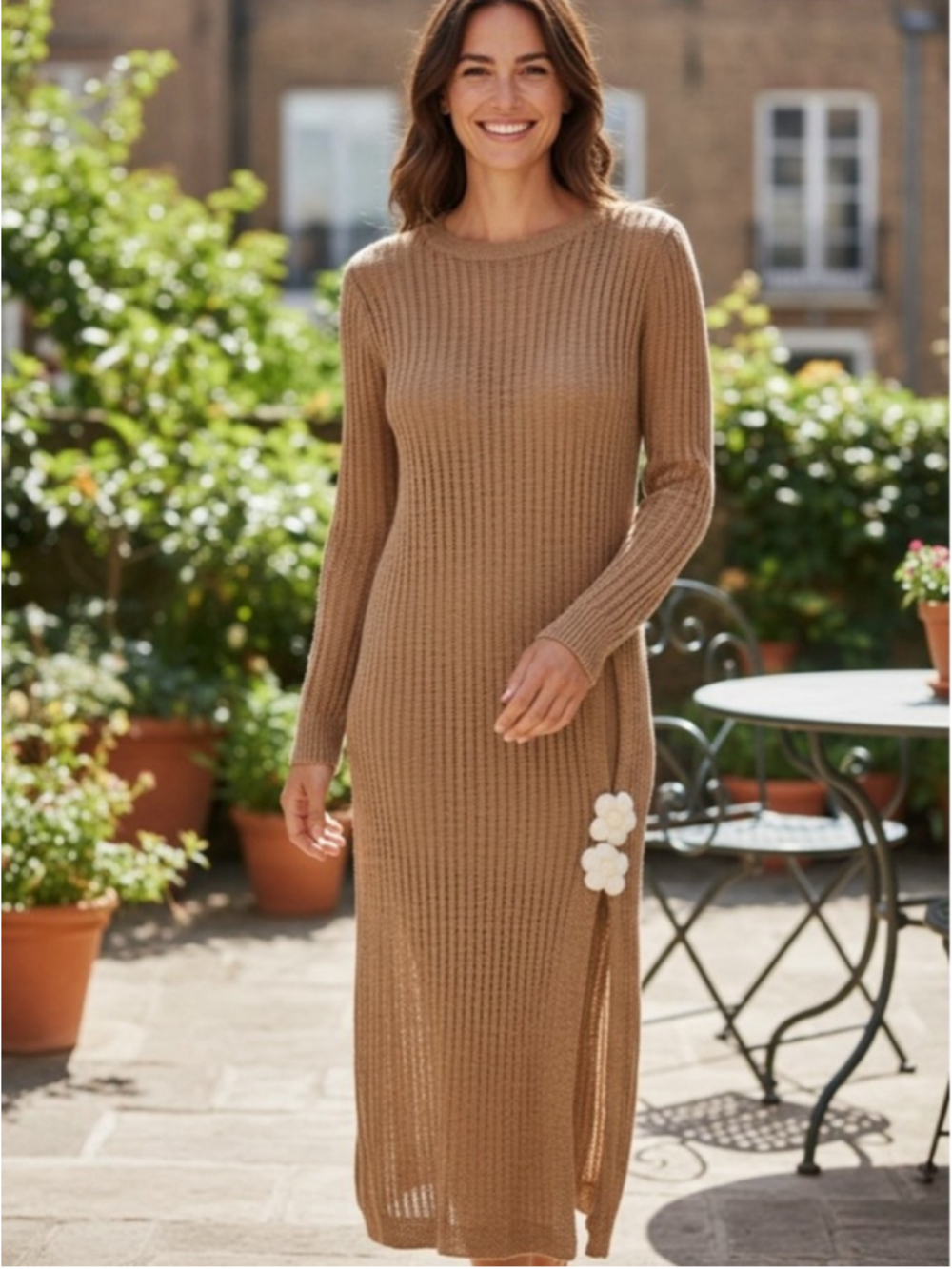 POL Beige Knit Midi Dress Size S with White Flower Appliques